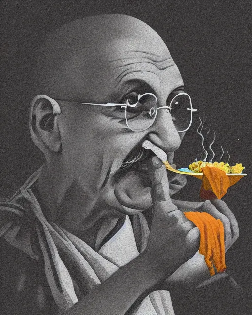 Image similar to a portrait of gandhi eating samosa whilst walking, highly detailed, trending on artstation, bokeh, 9 0 mm, f / 1. 4
