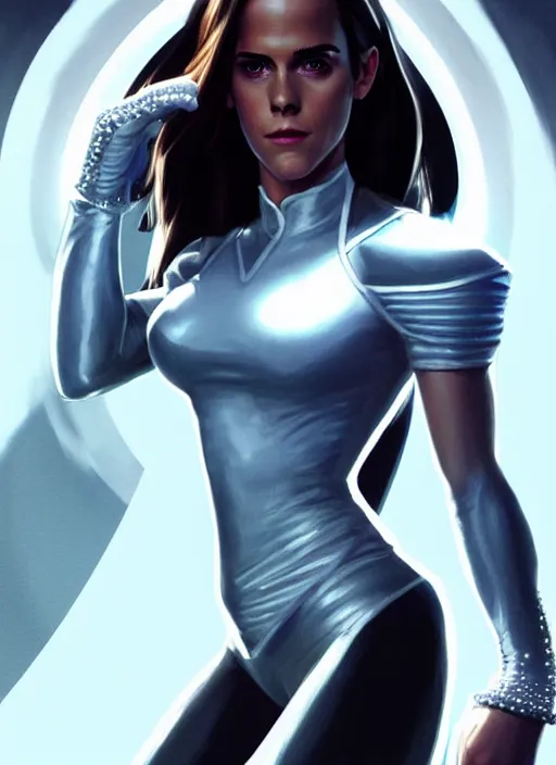 Image similar to full body portrait of marvel cinematic universe emmawatson as aaliyah haughton, x - men, emma frost, elegant, diamonds!! super hero, white outfit, diamond skin, highly detailed!! digital painting, artstation, glamor pose, concept art, sharp focus, illustration, art by artgerm and greg rutkowski, artey freytag