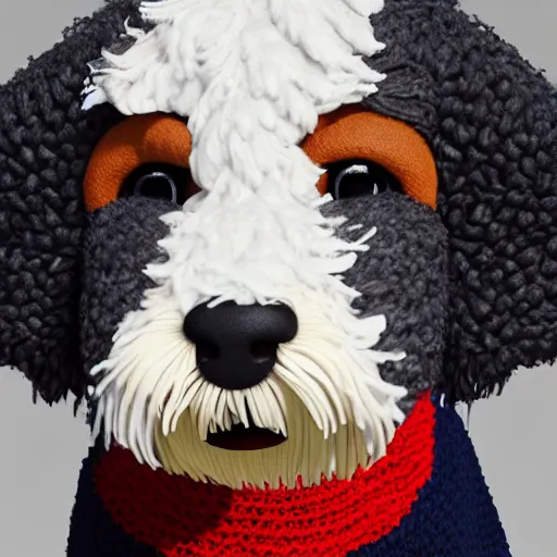 Image similar to a closeup photorealistic photograph of a cute smiling knitted bernedoodle judge dog dressed in a black gown, presiding over the courthouse. indoors, professional capture, well lit shot. this 4 k hd image is trending on artstation, featured on behance, well - rendered, extra crisp, features intricate detail, epic composition and the style of unreal engine.