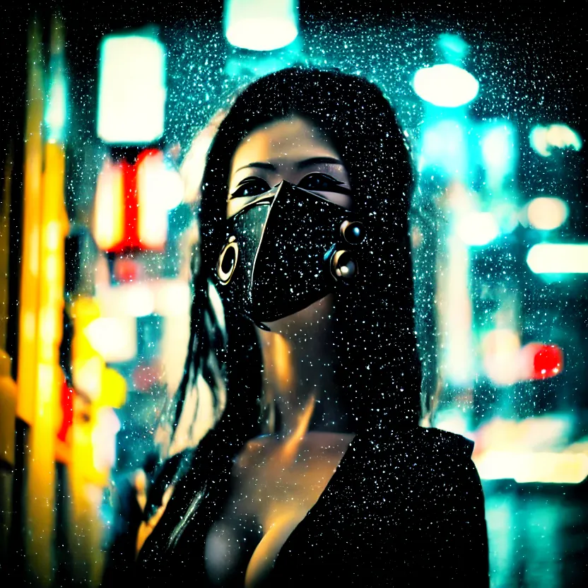 Image similar to a photo close up cyberpunk kubuki masked woman dancing in the rain, cyberpunk hiroshima, prefecture streets, midnight, photorealistic, cinematic lighting, highly detailed, bokeh, style by tomino - sama