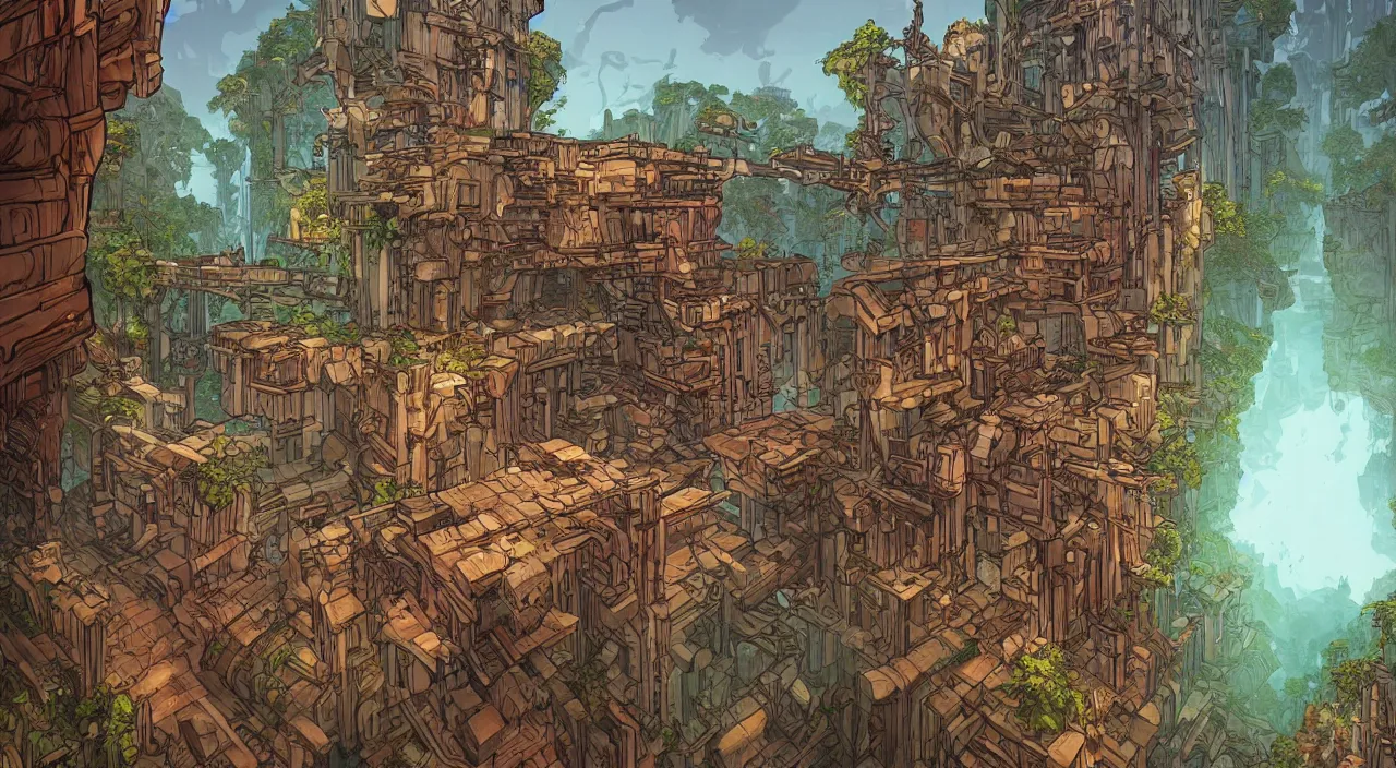 Image similar to open door wood wall fortress greeble block amazon jungle on portal unknow world ambiant fornite that looks like it is from borderlands and by feng zhu and loish and laurie greasley, victo ngai, andreas rocha, john harris