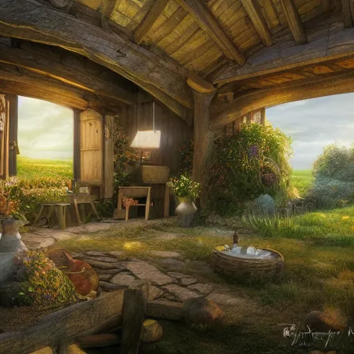 Prompt: Hobbiton house interior in the evening, detailed matte painting, cinematic, Alan Lee, Artstation