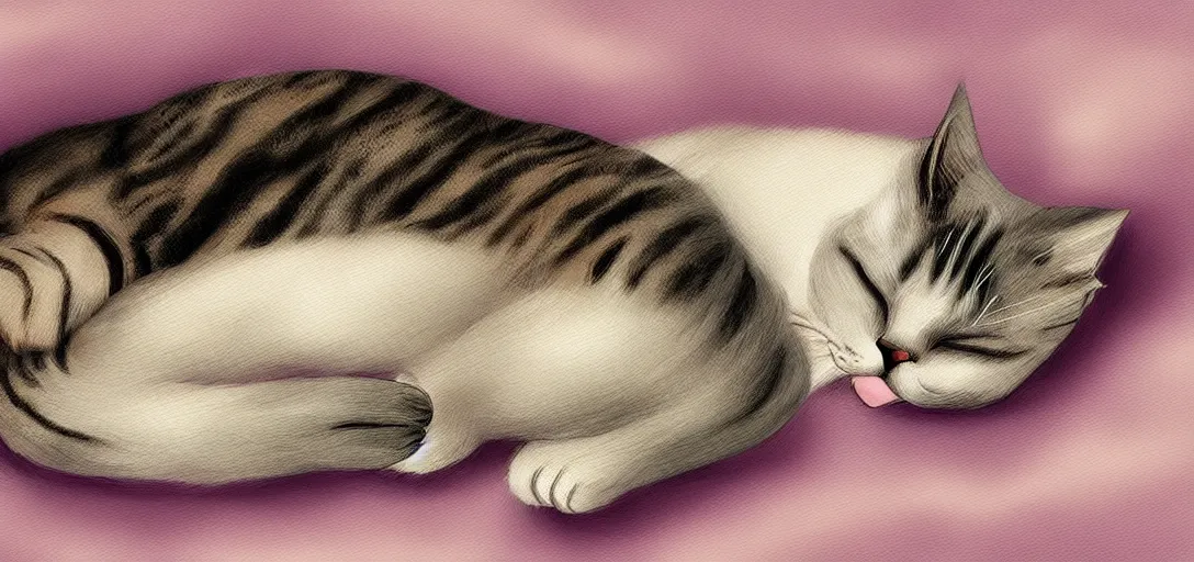 Image similar to cat sleeping in bed, digital art