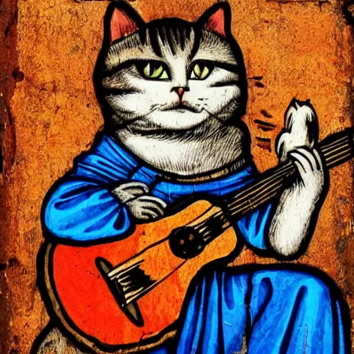 Image similar to medieval portrait of a cat playing guitar, colorful