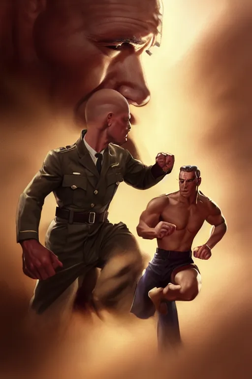 Image similar to photograph of doc savage punching a short man with a german uniform and a small mustache, clear detail, photorealistic, drawn by eric anthony johnson ericanthonyj artstation artgerm greg rutkowski and magali villeneuve 8 k subsurface scattering, hd, 8 k resolution, award winning photo, epic digital art