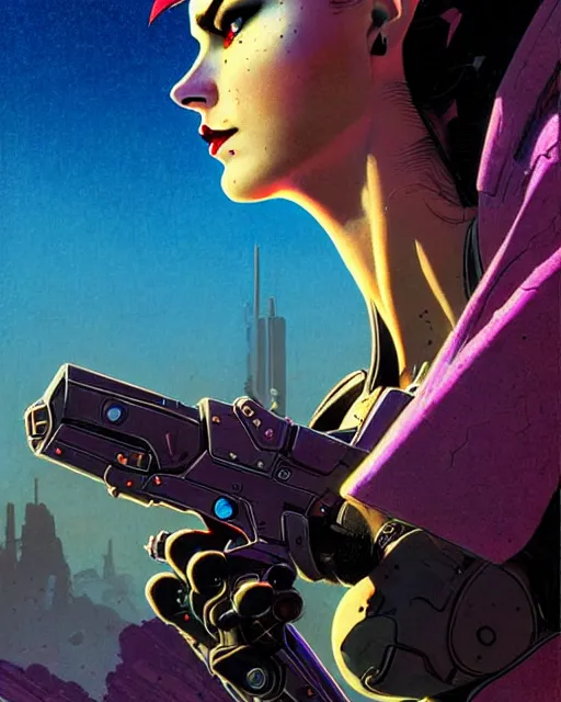 Image similar to widowmaker from overwatch, character portrait, portrait, close up, concept art, intricate details, highly detailed, vintage sci - fi poster, retro future, in the style of chris foss, rodger dean, moebius, michael whelan, and gustave dore