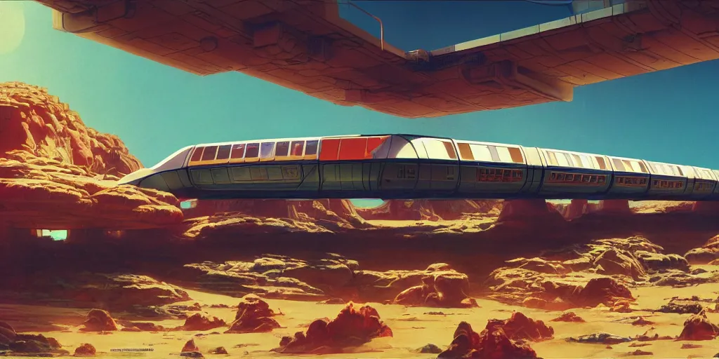 Prompt: concept art monorail shonan in martian landscape, brutalism, colorful, syd mead, norman rockwell, 4 k resolution, medium full shot, octane render, intricate, ultra detailed, volumetric lighting, cinematic lighting + masterpiece