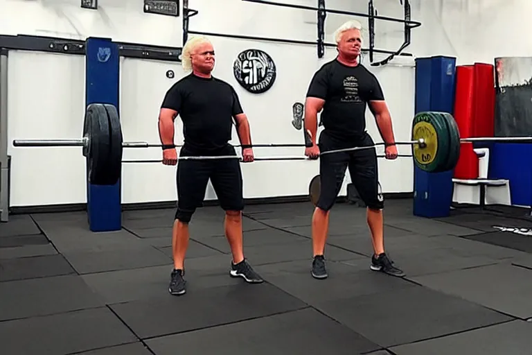 Prompt: geert wilders with strongman body ipf deadlift lockout 5 0 0 kg lots of plates on both sides of barbell