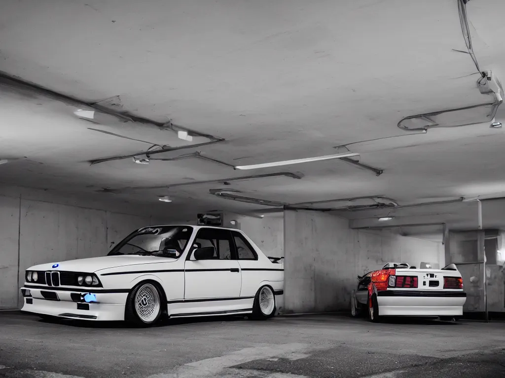 Image similar to a modified bmw e 3 0 with lights on in a futuristic neon parking garage, 3 5 mm photography, car photography, clean lines, realistic