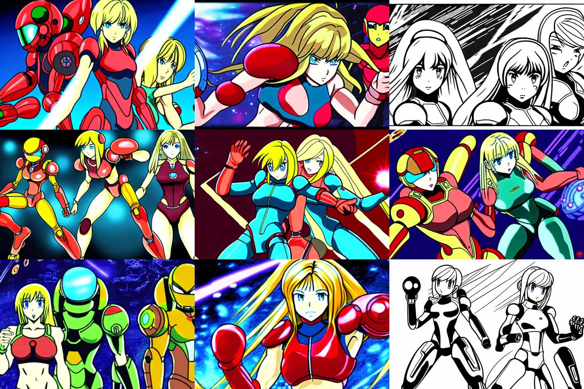 Prompt: samus meets metroid in the new anime samus meets metroid beautiful line art, movie scene