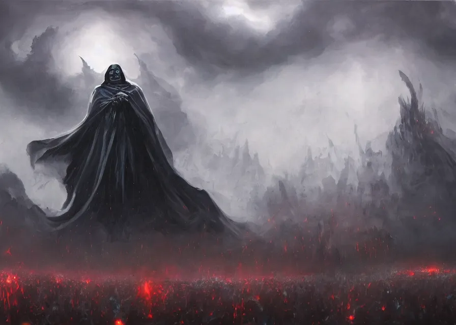 Image similar to abstract painting of giant Joe Biden grinning evil emperor of the world emerging in dark clouds, Sidious, noxious, cosmic horror, evil, dangerous, trending on ArtStation, masterpiece, by Greg Rutkowski, by Ross Tran, by Fenghua Zhong, octane, lightbeam eyes, soft render, clear facial features, oil on canvas, immense crowd of imploring people, moody lighting, cinematic, professional environment concept art