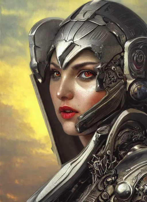 Prompt: biblical diabolical beautiful female valkyree android, shiny plastic armor, jump, heavy eyes to the side, closeup, bright glowing veins, in clouds, rain, sunset, portrait, by gerald brom, by mikhail vrubel, by peter elson, muted colors, extreme detail, reflections, trending on artstation, 8 k