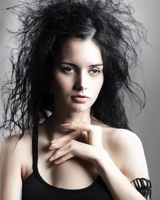 Image similar to a portrait of a beautiful Young female with long disheveled black hair, beautiful and in deep thought, sweet looks, white skin and reflective eyes, black tank top, black leather shiny jeans, an ankh necklace white colors in the background, by David Lazar and Annie Leibovitz 500px photos, top cinematic lighting , cinematic mood, very detailed, shot in canon 50mm f/1.2