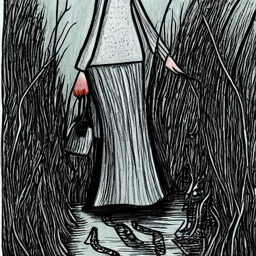 Prompt: ink illustration of tall slender woman with long grey hair in a black dress walking out of a swamp, drawing by graham ingels,