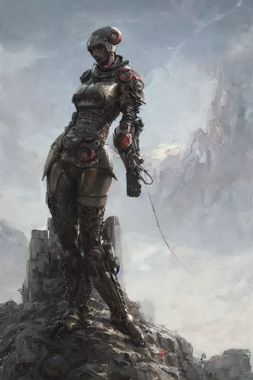 Prompt: a portrait of a woman in a post apocalyptic landscape tower ruin in futuristic armour by eve ventrue