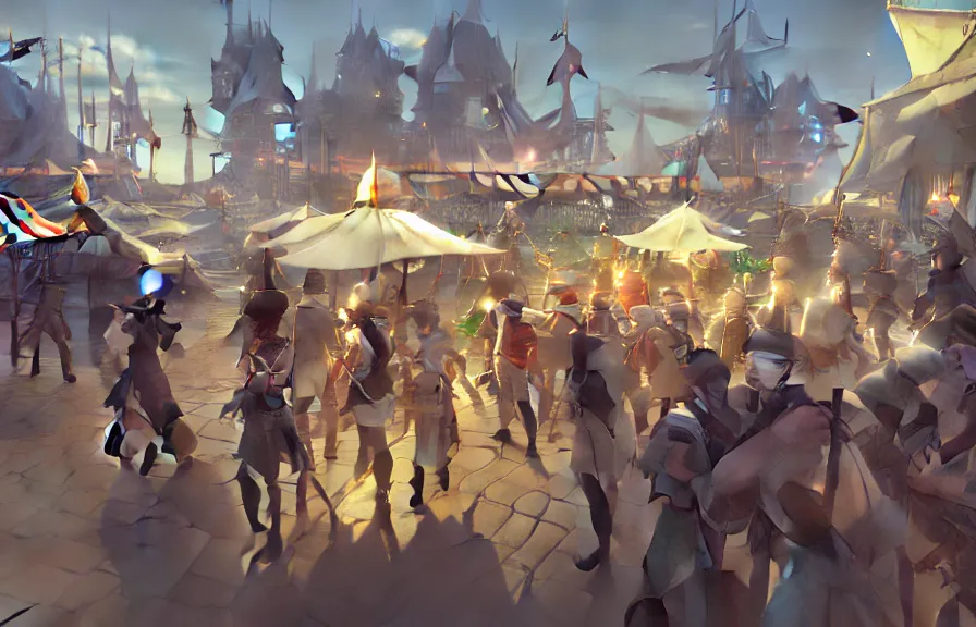 Image similar to greg manchess concept art of the millennial fair from chrono trigger, outdoor fairgrounds, striped pavillions, leene's bell, key visual, ambient lighting, highly detailed, digital painting, artstation, concept art, sharp focus, by makoto shinkai and akihiko yoshida and hidari and wlop and greg rutkowski