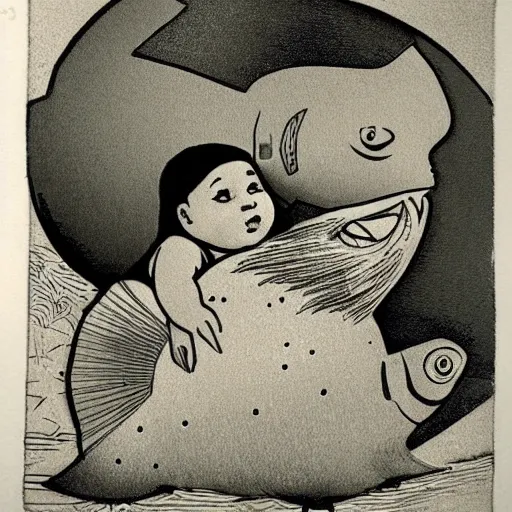 Image similar to the same style. the most beautiful little fat sweet girl is kissing a huge colorful cute fish. modern etching. colored print. hype realistic scene.