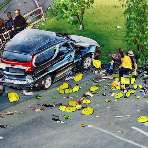 Image similar to avocado truck accident, people picking avocados from the road, highly detailed photograph