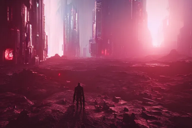 Image similar to cyberpunk landscape of hell with people suffering and ghost, futuristic look, highly detailed body, very powerful, photorealistic camera shot, bright studio setting, studio lighting, crisp quality and light reflections, unreal engine 5 quality render