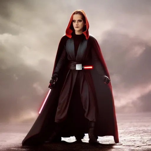 Image similar to emma watson as a sith lord with a cloak and a lightsaber
