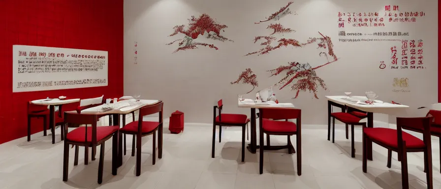 Image similar to a beautiful simple interior render of small roasted string hotpot restaurant restaurant yan'an, wall corner, from china, red paper wall and white tile floor, rectangle white porcelain table, fine simple delicate structure, chinese style, simple composition, simple style structure decoration design, victo ngai, 4 k hd