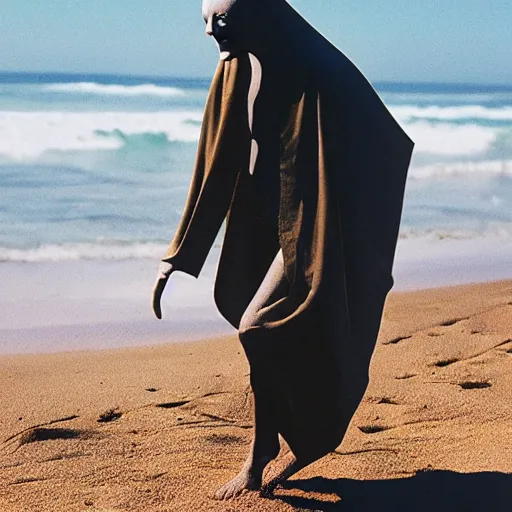 Image similar to nosferatu puting sunscreen on his body on the beach, realistic detailed photography