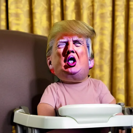 Image similar to crying donald trump in a highchair with pudding on face, gettyimages,