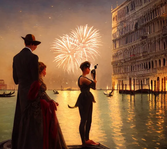 Image similar to photography of a couple in venice with fireworks, deep focus, intricate, elegant, highly detailed, digital painting, artstation, concept art, matte, sharp focus, illustration, art by artgerm and greg rutkowski and alphonse mucha and gil elvgren