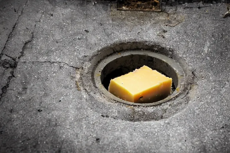 Image similar to a giant rat eating cheese in a sewer, photograph, terror, horror, mutant,