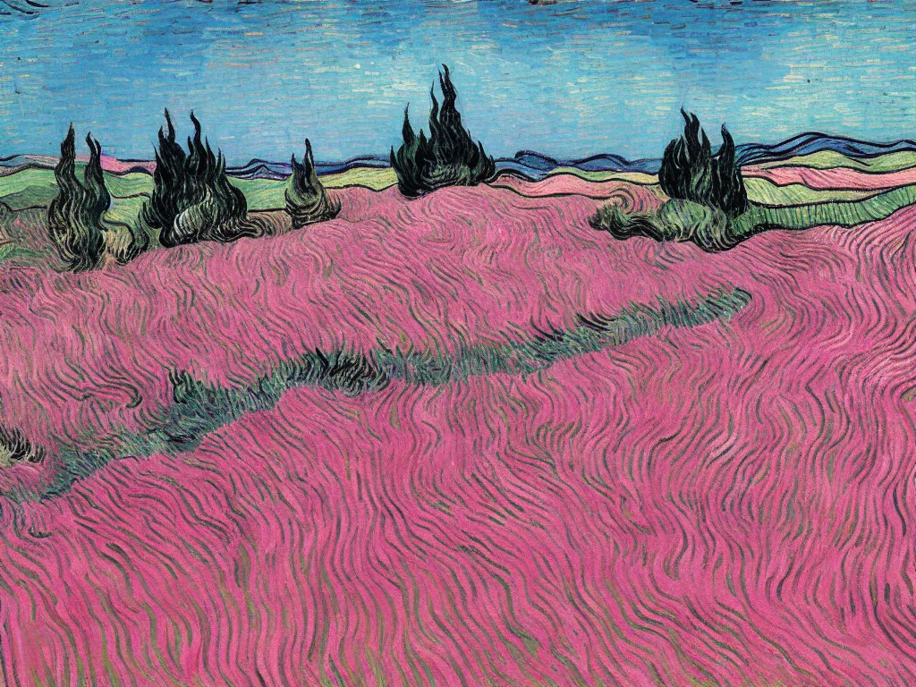 Image similar to pink and teal wheat field with cypresses, by van gogh and tim burton