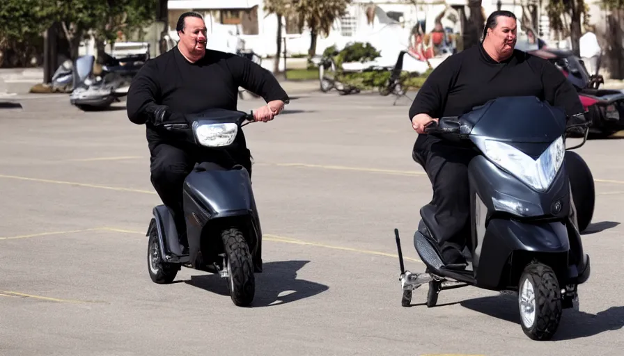 Image similar to obese Steven Seagal riding a mobility scooter, action cinematography