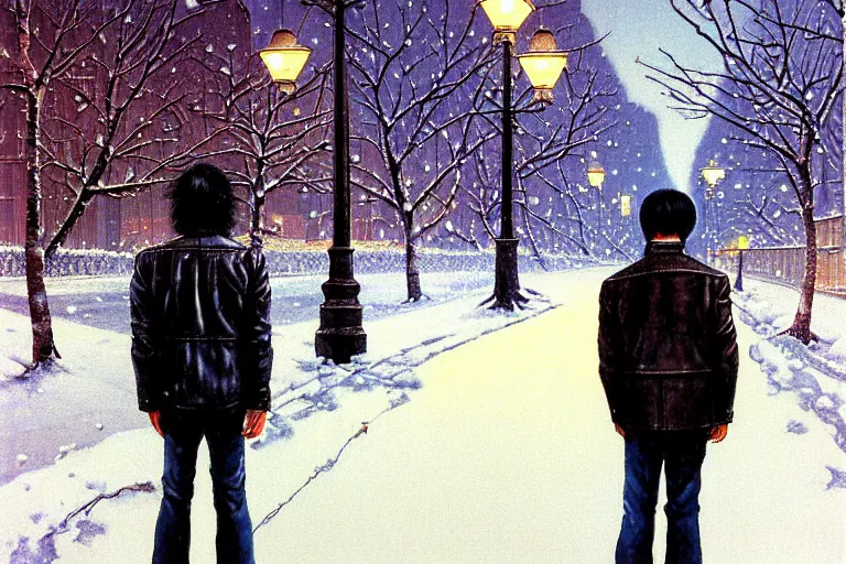 Prompt: beautiful snow - covered victor tsoi korean from back standing on alley with street lamps in park with pines to the horizon, dressed in short leather jacket, snowfall at night, 1 9 8 0 s mullet haircut, black hairs, half - length portrait, perfect symmetrical eyes, cinematic by norman rockwell, painting, digital art, detailed, hyperrealism, igla