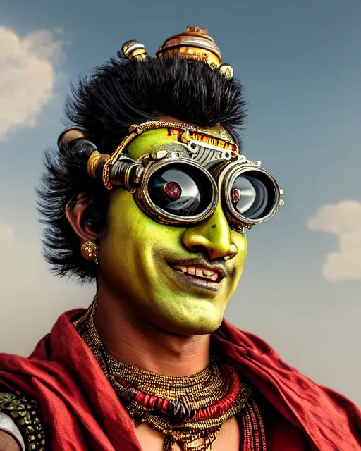 Image similar to photo of a Dramatic angry Kathakali male character with painted face wearing futuristic MadMax style steampunk goggles and accessories in the style of stefan kostic, realistic, sharp focus, symmetric, 8k high definition, insanely detailed, intricate, elegant, art by stanley lau and artgerm, Hajime Sorayama, William-Adolphe Bouguereau