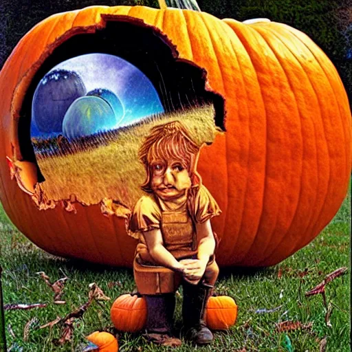 Image similar to A land art. A rip in spacetime. Did this device in her hand open a portal to another dimension or reality?! pumpkin orange by Richard Doyle, by Don Maitz sinister, ornate