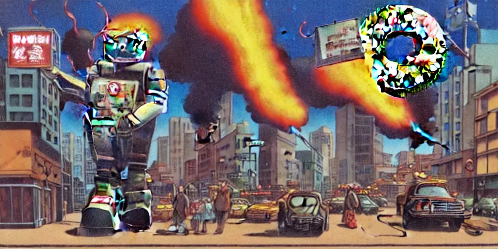 Prompt: Giant robot walking down a street while eating a massive glased donut with sprinkles almost as big as the robot, one of the buildings is on fire and smoking and a crushed car is under the foot of the giant robot by Richard Corben