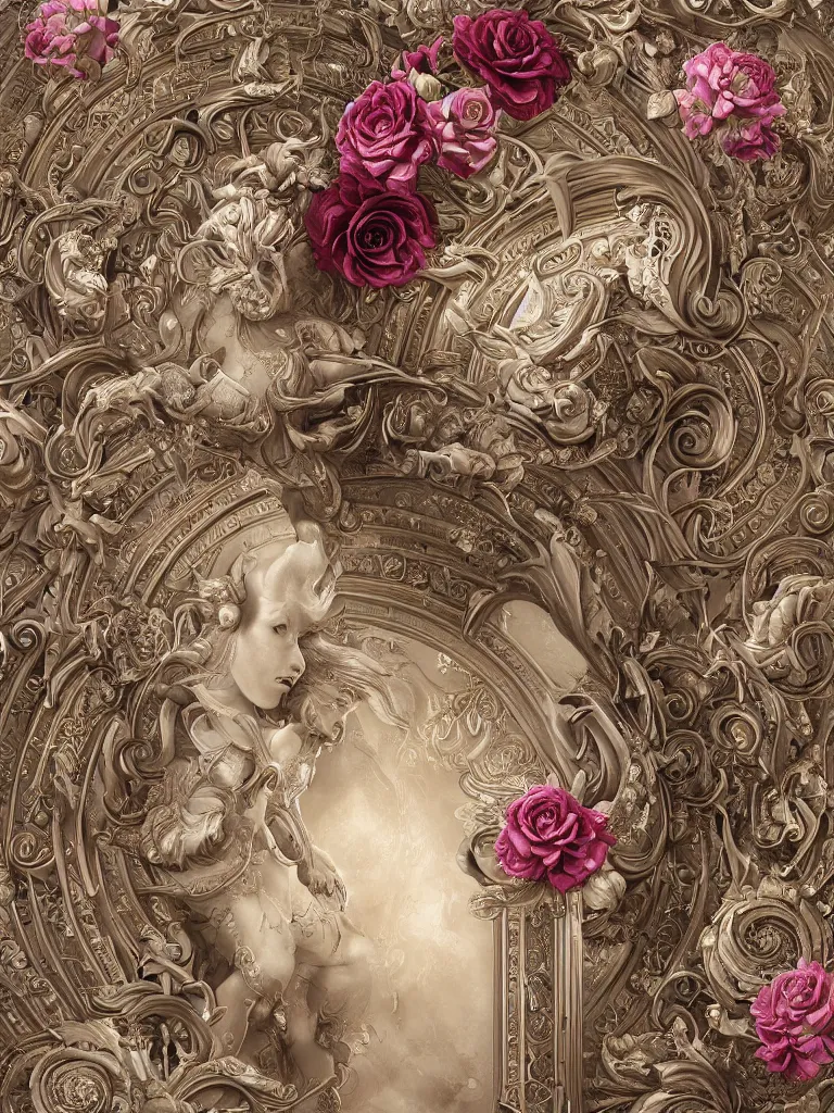 Prompt: beautiful decorative classical ornamental door emblem, fibonacci rhythms, roses, lilies, rose petals, lily petals, acanthus scrolls, highly detailed etching, gemini, bilaterally symmetrical, small medium and large elements, rendered in octane, 3 d render by peter mohrbacher, hajime sorayama, wayne barlowe, boris vallejo, james jean