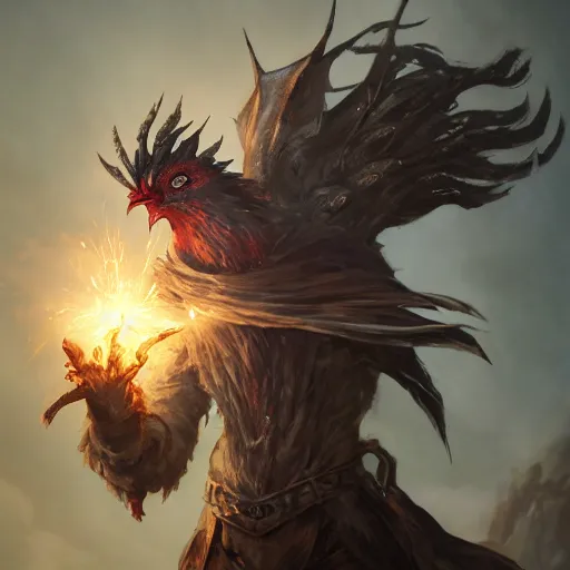 Image similar to Anthropomorphized chicken casting epic spell, magic the gathering artwork, D&D, fantasy, cinematic lighting, centered, symmetrical, highly detailed, digital painting, artstation, concept art, smooth, sharp focus, illustration, volumetric lighting, epic Composition, 8k, art by Akihiko Yoshida and Greg Rutkowski and Craig Mullins, heroic pose, oil painting, cgsociety, magic laboratory background