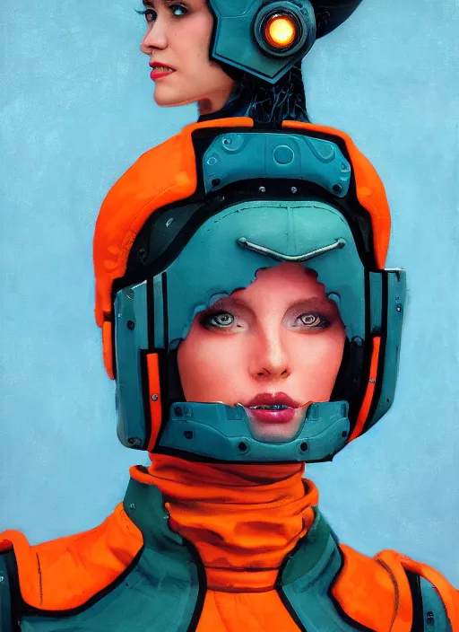 Image similar to symmetry!!! closeup portrait of a cyborg chef girl, fashion racing jumpsuit with shiny shoulder pads, cinematic light, windy, teal orange, volumetric smoke, mist, by gerald brom, by mikhail vrubel, by peter elson, muted colors, extreme detail, trending on artstation, 8 k