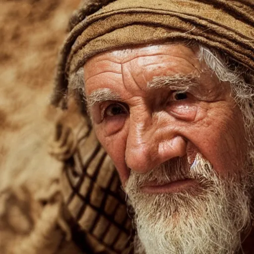 Image similar to cinematic film still of 80 year old man in ancient Canaanite clothing building Noah's Ark, directed by Steven Spielberg