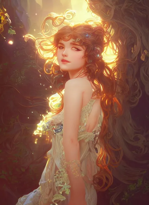 Image similar to beautiful girl with long curly, cute, intricate, highly detailed, digital painting, trending on artstation, concept art, smooth, sharp focus, backlit, rim light, vivid colors, illustration, unreal engine 5, 8 k, art by rossdraws and alphonse mucha