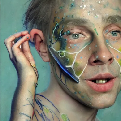 Image similar to A body art. A rip in spacetime. Did this device in his hand open a portal to another dimension or reality?! positivism by Hans Baluschek, by Linnea Strid robust
