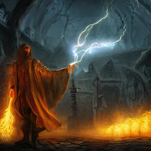 Prompt: a powerful sorcerer bringing lighting down upon a fantastical dark town, fantasy, highly detailed, painting, 4k, dramatic lighting