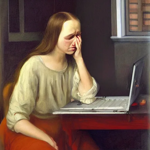 Prompt: a crying artist, at a computer, classic painting