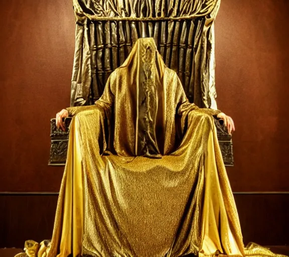 Prompt: the gold cloak enitty sits on the lovecraftian throne H 576