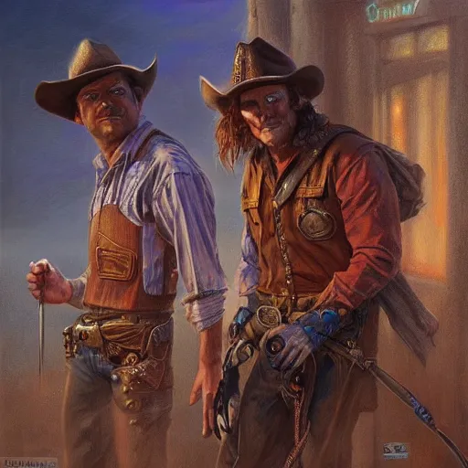 Image similar to two cowboys in a bar fighting ghouls, fantasy D&D character, portrait art by Donato Giancola and James Gurney, digital art, trending on artstation