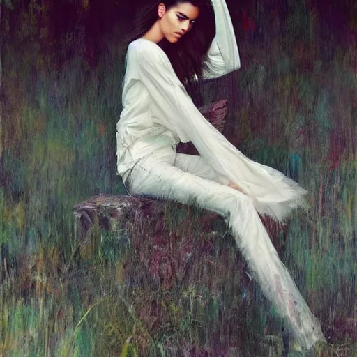 Prompt: fashion model kendall jenner by Gerry Chapelski by Richard Schmid by Jeremy Lipking by moebius by atey ghailan