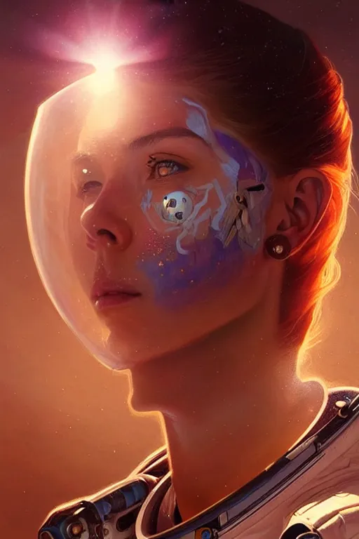 Image similar to beautiful portrait of a female astronaut on mars, face painting, dramatic lighting, intricate, wild, highly detailed, digital painting, artstation, concept art, smooth, sharp focus, illustration, art by artgerm and greg rutkowski and alphonse mucha, footage from space camera