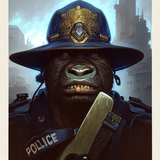 Prompt: painting of orc friendly police officer, perfect face, ultra realistic, concept art, intricate details, eerie, highly detailed, photorealistic, octane render, 8 k, unreal engine. art by artgerm and greg rutkowski and magali villeneuve and alphonse mucha