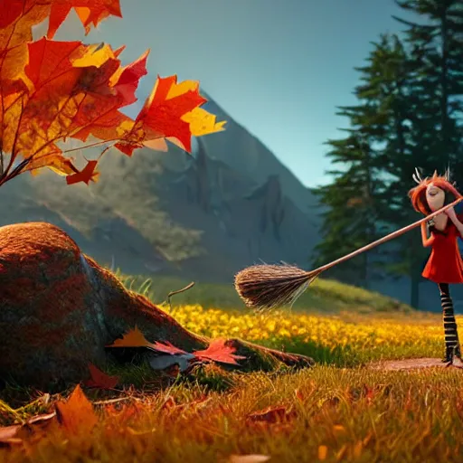 Image similar to a stopmotion animation character, a beautiful canadian woman, pulling weeds out frantically, some grey hair, stripey pants, canadian maple leaves, mountains, autumn, octane render, 8 k, kubo and the two strings, jan svankmayer, disney, pixar,