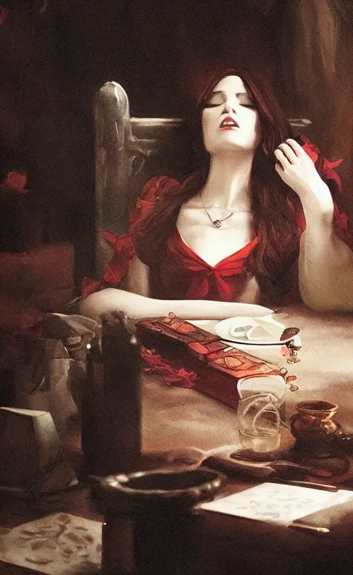 Prompt: a beautiful lady vampire falling asleep at a table, cinematic, art, epic, digital masterpiece, romantic lighting